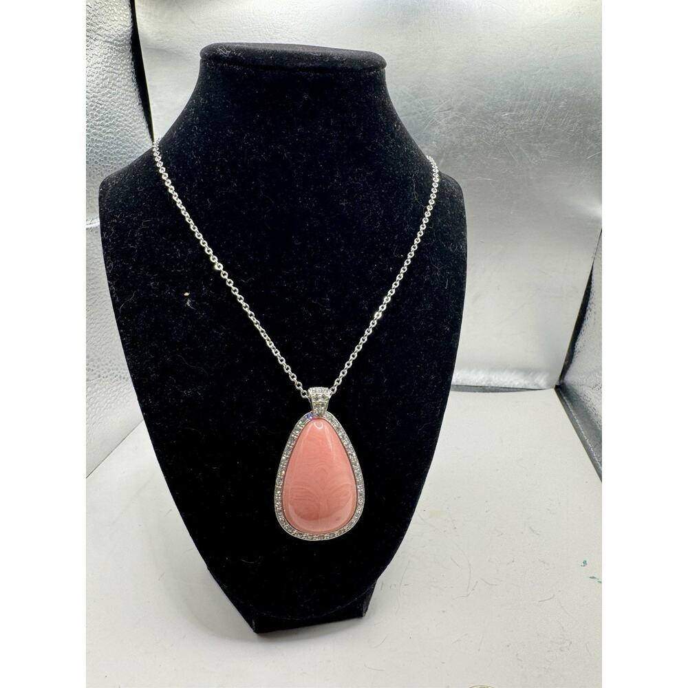 Vintage AVON Silvertone Pink Coral Cabochon Crystal Halo Pendant Necklace Ring